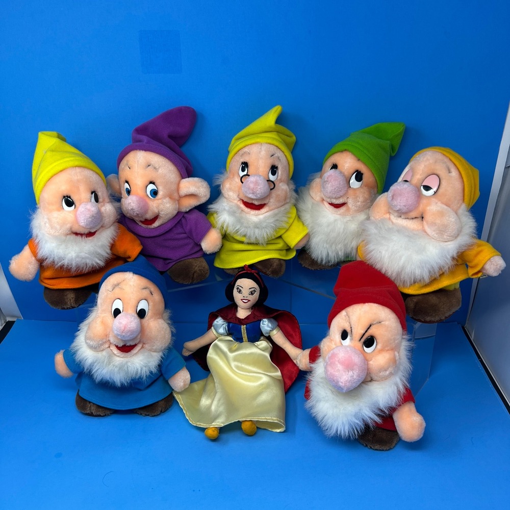 Disney Plush Set 7 inch Multicolor Snow White and Seven Dwarfs Vintage 8 Piece